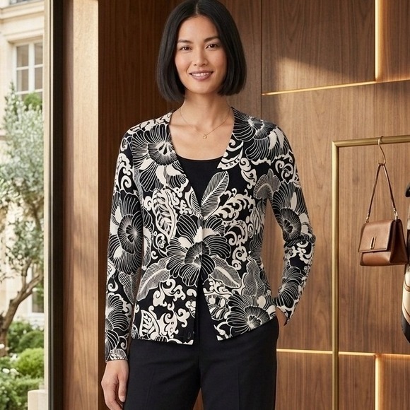 Talbots Sweaters - Talbots Vintage Black White Floral V-Neck Button Up Cardigan Sweater XL Women